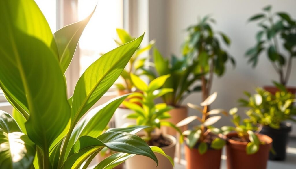A bright, well-lit indoor setting featuring a collection of potted plants in various stages of growth. The foreground showcases a detailed close-up of a lush, green houseplant, its leaves glistening with moisture and catching the warm, natural light filtering in from a nearby window. In the middle ground, additional potted plants of different sizes and species are arranged, their foliage casting soft, intriguing shadows on the surface below. The background depicts a neutral, minimalist interior, with clean lines and neutral tones that allow the vibrant greenery to take center stage. The overall mood is one of tranquility and careful consideration of the plants' lighting needs, reflecting the subject of "Evaluating Lighting for Plants".