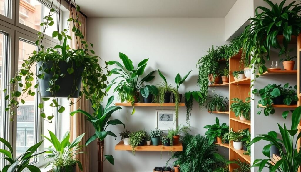A cozy apartment interior with an abundance of lush, verdant plants thriving in creative, custom-designed spaces. The foreground showcases a sleek, modern planter suspended from the ceiling, its cascading vines framing a large picture window that fills the room with soft, natural light. In the middle ground, an artfully-arranged display of potted succulents, ferns, and trailing ivies adorns a floating shelf, complemented by the warm, earthy tones of the wood and minimalist decor. The background features a clever built-in nook transformed into a verdant oasis, its shelves filled with a diverse array of vibrant, healthy houseplants. The overall mood is one of tranquility, balance, and a harmonious integration of nature within the urban living space.