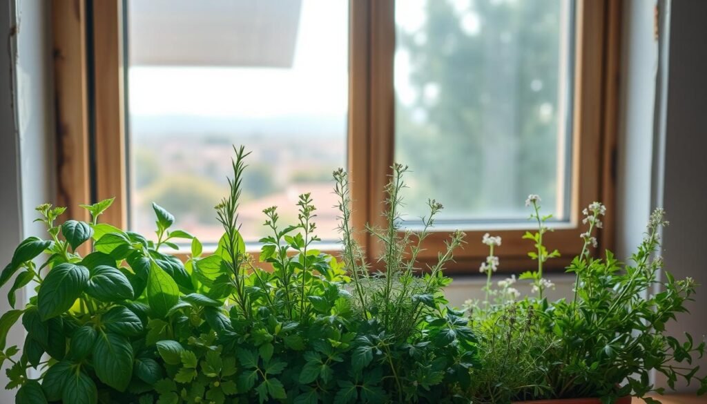 A cozy kitchen window, bathed in soft, natural light. In the foreground, an array of thriving, aromatic herbs - lush basil, fragrant rosemary, verdant parsley, and delicate thyme. Their vibrant green leaves and delicate flowers create a visually captivating display. The middle ground features a rustic, wooden window sill, complementing the earthy tones of the herbs. In the background, a view of a tranquil, sun-dappled garden or cityscape, adding depth and a sense of place. The overall composition conveys a serene, homey atmosphere, inviting the viewer to imagine the aroma and flavor of these freshly harvested herbs.