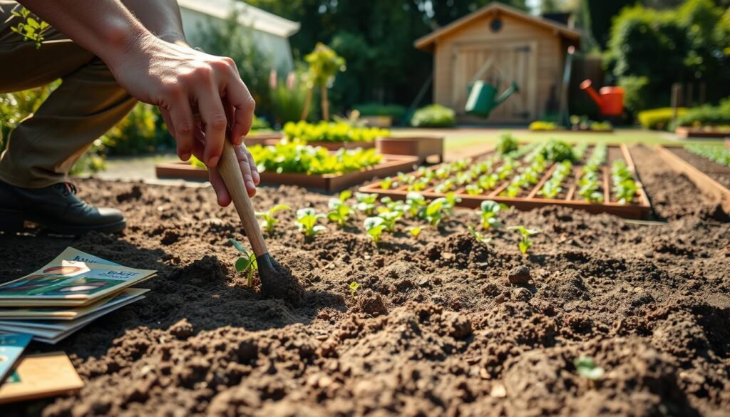 A detailed step-by-step process of sowing vegetable seeds in a well-tended garden. In the foreground, hands carefully planting seeds into freshly tilled soil, with a variety of colorful seed packets nearby. The middle ground shows a raised garden bed with neatly organized rows, lush greenery, and a watering can. In the background, a shed or greenhouse provides a sense of structure, complemented by a bright, natural lighting that casts warm shadows. The scene conveys a tranquil, nurturing atmosphere, inviting the viewer to engage with the rhythmic, time-honored techniques of seed planting. A detailed step-by-step process of sowing vegetable seeds in a well-tended garden. In the foreground, hands carefully planting seeds into freshly tilled soil, with a variety of colorful seed packets nearby. The middle ground shows a raised garden bed with neatly organized rows, lush greenery, and a watering can. In the background, a shed or greenhouse provides a sense of structure, complemented by a bright, natural lighting that casts warm shadows. The scene conveys a tranquil, nurturing atmosphere, inviting the viewer to engage with the rhythmic, time-honored techniques of seed planting.