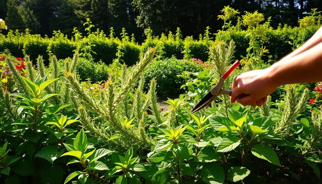 A lush garden filled with vibrant foliage, the sun's warm rays casting a gentle glow. In the foreground, a skilled gardener meticulously prunes a thriving plant, their hands guiding the sharp shears with precision. The middle ground showcases a variety of healthy, well-tended plants, each with unique shapes and textures. In the background, a verdant backdrop of trees and shrubs creates a serene, natural atmosphere. Soft shadows play across the scene, adding depth and dimension. The image conveys the art of strategic pruning to protect plants from excessive sun exposure, a harmonious balance between nature and careful cultivation.