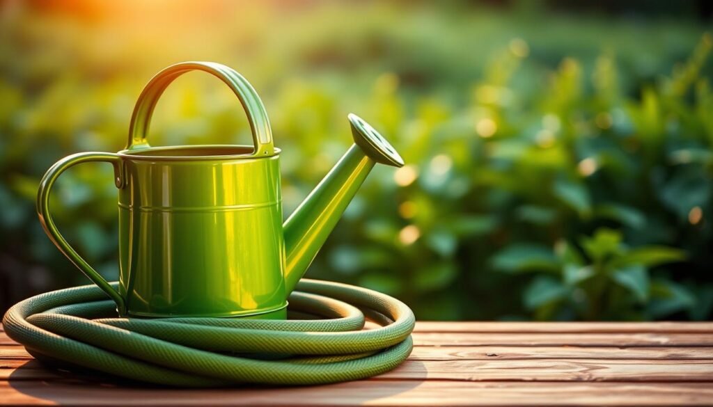 A lush, garden scene with a vibrant green watering can and a coiled garden hose resting on a wooden table. The watering can's sleek, metallic finish catches the warm, golden light, creating a soft, inviting glow. The hose, in a rich shade of green, is coiled neatly, hinting at its versatility in watering a variety of plants. The background features a blurred, verdant landscape, suggesting a thriving, well-tended garden. The overall composition conveys a sense of tranquility and efficiency, capturing the essence of hydrating plants effectively.