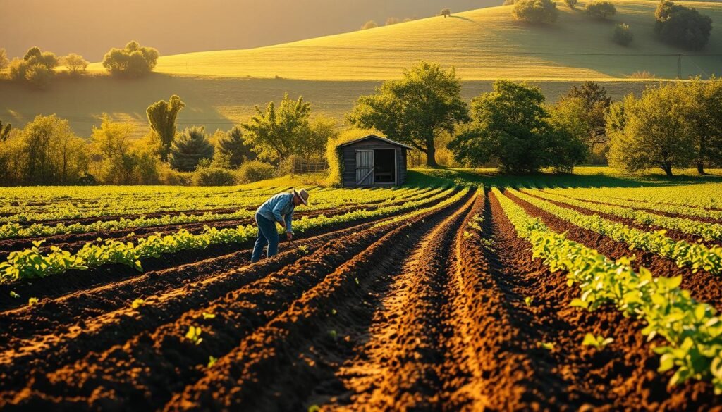 A lush, verdant field bathed in warm, golden sunlight. In the foreground, a farmer meticulously tills the soil, preparing the earth for the upcoming planting season. Rows of freshly turned earth stretch out as far as the eye can see, their rich, dark hues contrasting with the vibrant green foliage of the surrounding trees. In the middle ground, a small shed stands, its weathered wooden facade adding a rustic charm to the scene. The background is framed by a gently rolling hill, its slopes dotted with the silhouettes of fruit-bearing trees, their branches heavy with the promise of a bountiful harvest. The overall atmosphere is one of anticipation and hope, a serene and tranquil moment before the flurry of activity that will mark the planting season. A lush, verdant field bathed in warm, golden sunlight. In the foreground, a farmer meticulously tills the soil, preparing the earth for the upcoming planting season. Rows of freshly turned earth stretch out as far as the eye can see, their rich, dark hues contrasting with the vibrant green foliage of the surrounding trees. In the middle ground, a small shed stands, its weathered wooden facade adding a rustic charm to the scene. The background is framed by a gently rolling hill, its slopes dotted with the silhouettes of fruit-bearing trees, their branches heavy with the promise of a bountiful harvest. The overall atmosphere is one of anticipation and hope, a serene and tranquil moment before the flurry of activity that will mark the planting season.