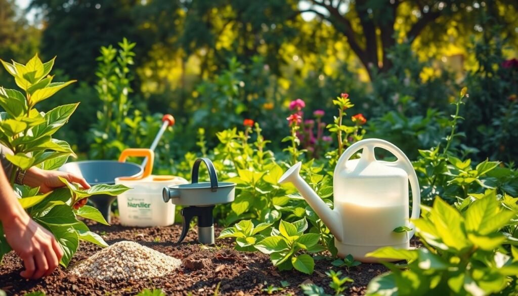 A lush, verdant garden scene featuring various methods of fertilizer application. In the foreground, a close-up view of a gardener's hands carefully applying granular fertilizer around the base of a flourishing plant. The middle ground showcases a variety of fertilizer applicators, including a handheld spreader, a hose-end sprayer, and a watering can with a diluted liquid fertilizer solution. In the background, a diverse array of healthy, thriving plants of different sizes and species, illuminated by warm, natural sunlight filtered through a canopy of leafy trees. The overall composition conveys a sense of harmony, productivity, and environmental stewardship.