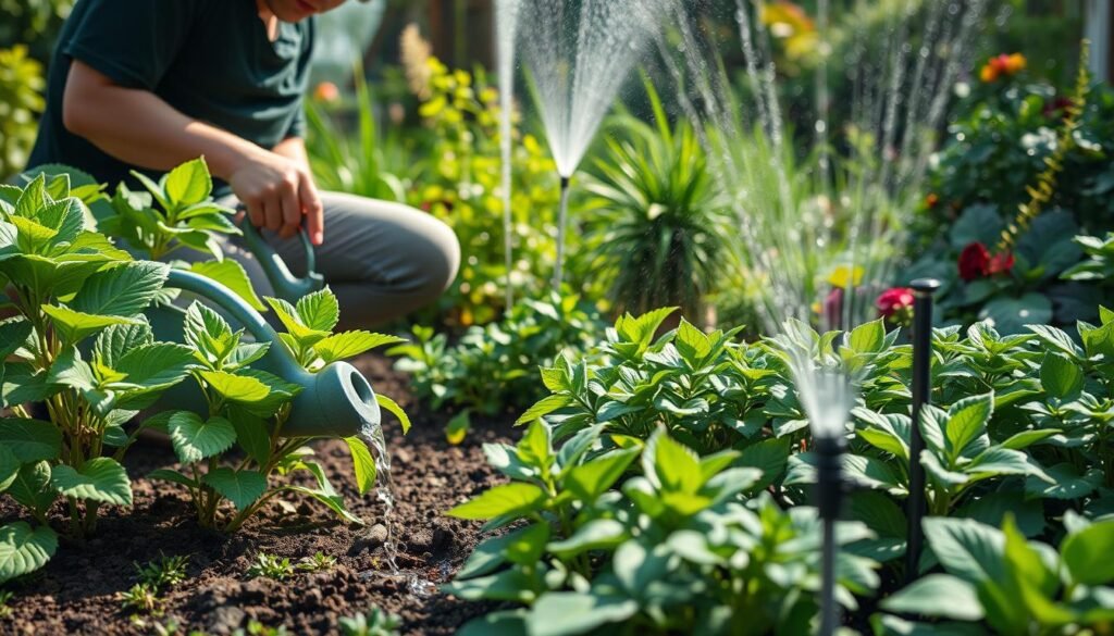 A lush, verdant garden scene with a focus on a gardener diligently watering plants using a variety of techniques. The foreground features a person kneeling down, carefully directing the flow of water from a watering can onto the soil around the base of vibrant, leafy plants. The middle ground showcases different watering methods, such as a drip irrigation system and a sprinkler, demonstrating efficient and targeted watering approaches. The background depicts a well-maintained, thriving garden filled with diverse flora, conveying the positive impact of proper watering techniques. The lighting is soft and natural, creating a serene, educational atmosphere that invites the viewer to learn about effective irrigation practices.
