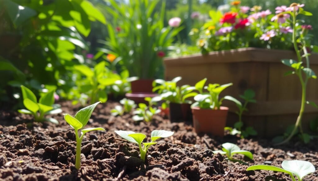 A lush, verdant garden setting, with sunlight filtering through the leaves of mature plants. In the foreground, a young seedling emerges from the rich, loamy soil, its delicate leaves unfurling with a sense of promise and potential. The middle ground features a variety of thriving potted plants, each at a different stage of growth, showcasing the journey from seed to strong, healthy plant. In the background, a wooden planter box stands, filled with a vibrant array of flowering plants, their blossoms adding pops of color to the scene. The overall atmosphere is one of tranquility, growth, and the satisfaction of nurturing life from the smallest of beginnings.