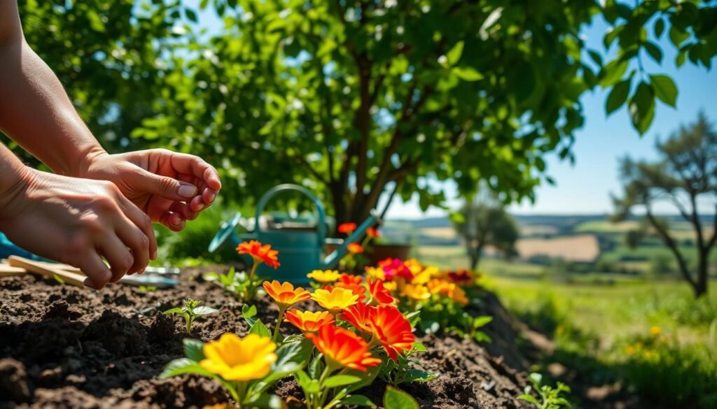 A lush, verdant garden setting with sunlight filtering through the leaves, showcasing the planting of colorful flower seeds. In the foreground, a pair of hands delicately placing small seeds into freshly tilled soil, with a watering can and gardening tools nearby. The middle ground features a variety of vibrant blooms, their petals unfurling in shades of red, yellow, and purple. In the background, a picturesque countryside landscape with rolling hills and a clear, blue sky. The scene exudes a sense of tranquility and the joy of nurturing new life, reflecting the process of sowing the seeds for a beautiful flower garden. A lush, verdant garden setting with sunlight filtering through the leaves, showcasing the planting of colorful flower seeds. In the foreground, a pair of hands delicately placing small seeds into freshly tilled soil, with a watering can and gardening tools nearby. The middle ground features a variety of vibrant blooms, their petals unfurling in shades of red, yellow, and purple. In the background, a picturesque countryside landscape with rolling hills and a clear, blue sky. The scene exudes a sense of tranquility and the joy of nurturing new life, reflecting the process of sowing the seeds for a beautiful flower garden.