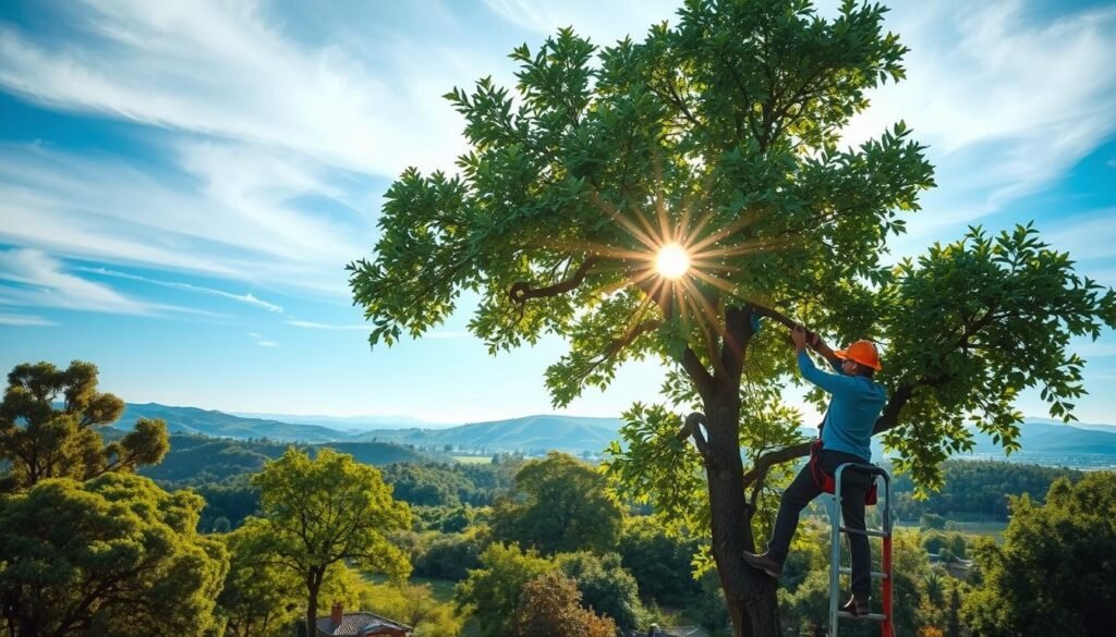 A lush, verdant landscape during the ideal season for tree pruning. In the foreground, a skilled arborist carefully trims the branches of a flourishing oak tree, the soft sunlight filtering through the leaves. In the middle ground, other healthy trees dot the scene, their shapes and colors reflecting the perfect time for this essential horticultural task. The background gently slopes into a horizon of rolling hills, the sky a serene azure hue with wispy clouds drifting overhead. The overall atmosphere conveys a sense of tranquility and environmental harmony, the ideal conditions for maintaining the vitality and beauty of the urban forest.