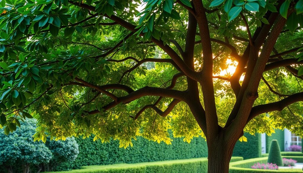 A lush, verdant scene showcasing the benefits of tree pruning. In the foreground, a well-maintained tree with a balanced, symmetrical canopy, its branches gracefully arching overhead. The mid-ground features a neatly trimmed trunk, revealing the tree's strong, healthy structure. In the background, a glimpse of a manicured garden, highlighting the visual appeal of a properly pruned tree. Warm, diffused lighting filters through the leaves, casting a soft, natural glow. The overall composition conveys a sense of harmony, where the tree's form and health are optimized through skillful pruning techniques.