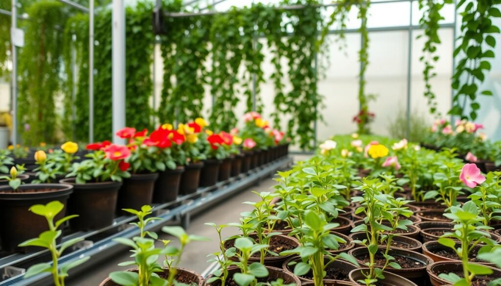 A lush, well-lit greenhouse interior, showcasing a variety of potted flower seedlings. The foreground features a cluster of delicate seedlings, their tender leaves and stems illuminated by soft, diffused natural light. The middle ground presents a row of neatly arranged pots, each housing a different species of flowering plant, ranging from vibrant reds and yellows to pastel pinks and purples. In the background, a wall of verdant foliage and trailing vines creates a serene, nature-inspired ambiance. The overall composition conveys a sense of care, attention, and the nurturing environment essential for the healthy growth of these young flower plants. A lush, well-lit greenhouse interior, showcasing a variety of potted flower seedlings. The foreground features a cluster of delicate seedlings, their tender leaves and stems illuminated by soft, diffused natural light. The middle ground presents a row of neatly arranged pots, each housing a different species of flowering plant, ranging from vibrant reds and yellows to pastel pinks and purples. In the background, a wall of verdant foliage and trailing vines creates a serene, nature-inspired ambiance. The overall composition conveys a sense of care, attention, and the nurturing environment essential for the healthy growth of these young flower plants.