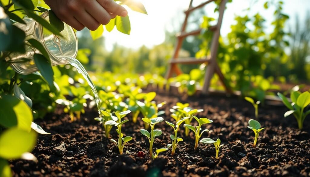 A lush, well-tended garden bed with young seedlings gently nestled in the rich, dark soil. Sunlight filters through the leaves of surrounding plants, casting a warm, natural glow over the scene. In the foreground, a pair of caring hands tenderly waters the soil, ensuring the perfect balance of moisture for the delicate sprouts. In the middle ground, vibrant green leaves unfurl, reaching towards the sky. In the background, a wooden trellis stands ready to support the plants as they grow. The overall mood is one of nurturing, patience, and the promise of a bountiful harvest to come. A lush, well-tended garden bed with young seedlings gently nestled in the rich, dark soil. Sunlight filters through the leaves of surrounding plants, casting a warm, natural glow over the scene. In the foreground, a pair of caring hands tenderly waters the soil, ensuring the perfect balance of moisture for the delicate sprouts. In the middle ground, vibrant green leaves unfurl, reaching towards the sky. In the background, a wooden trellis stands ready to support the plants as they grow. The overall mood is one of nurturing, patience, and the promise of a bountiful harvest to come.