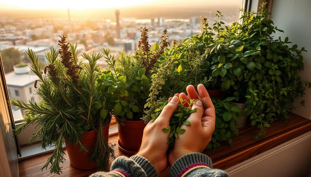 A neatly organized kitchen garden on a sunny windowsill, overflowing with lush, fragrant herbs. In the foreground, a pair of weathered hands gently harvesting sprigs of rosemary, thyme, and oregano, their aroma wafting through the air. The middle ground showcases a variety of potted plants, their leaves glistening with morning dew, casting gentle shadows on the wooden sill. In the background, a panoramic view of the city skyline, the warm hues of the rising sun painting the scene with a golden glow. The overall atmosphere is one of tranquility, connection with nature, and the comforting embrace of a well-tended home garden.
