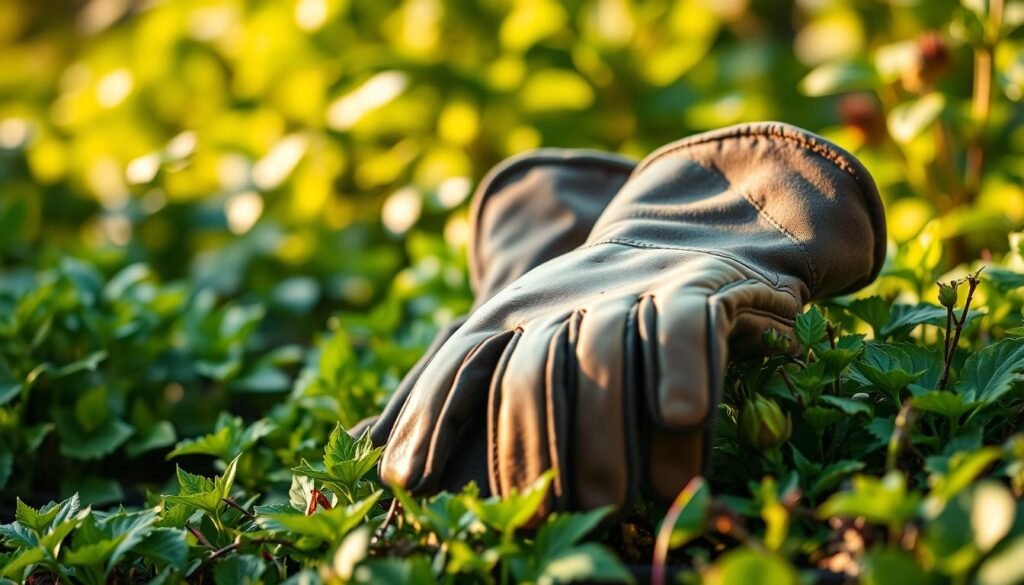 A pair of sturdy, well-worn gardening gloves resting on a lush, verdant garden background. The gloves are made of high-quality leather, with reinforced palms and fingers to provide protection against thorns, brambles, and soil. Warm, soft lighting illuminates the scene, casting gentle shadows and highlights that accentuate the texture and quality of the materials. The gloves are positioned in the foreground, inviting the viewer to imagine the practical and protective benefits they offer for gardening tasks. The background features a blurred, out-of-focus array of vibrant green foliage, hinting at the lush, thriving garden that the gloves are designed to safeguard.
