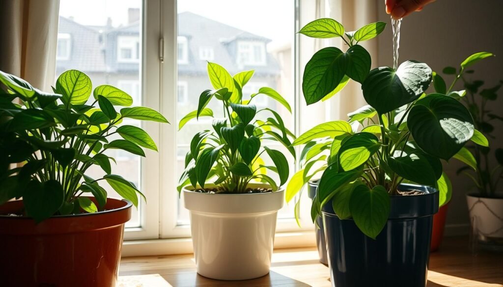 A sunlit indoor scene, showcasing several common watering mistakes. In the foreground, a potted plant is being overwatered, with water pooling around the base. In the middle ground, a plant is wilting from underwatering, the soil cracked and dry. In the background, a plant is receiving water directly on its leaves, causing water spots. Soft, natural lighting filters through a nearby window, casting subtle shadows. The overall mood is one of educational concern, highlighting the importance of proper soil moisture monitoring for healthy, thriving houseplants.