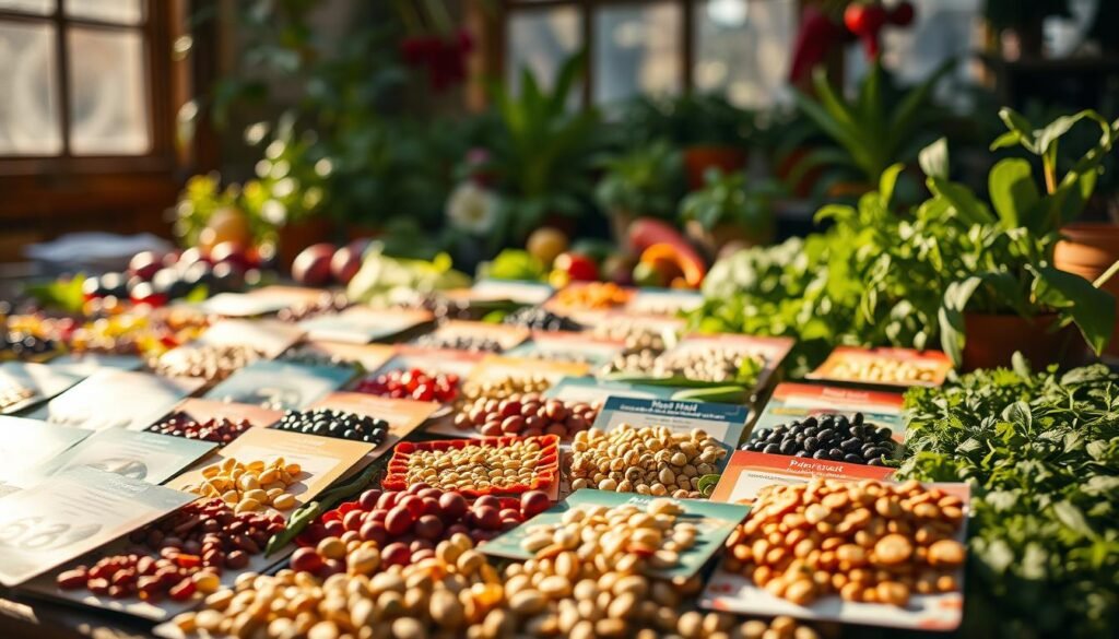 A vibrant display of vegetable seeds laid out in an organized arrangement, captured under warm, natural lighting that casts gentle shadows. The foreground features an assortment of seed packets and individual seeds, showcasing their unique shapes, sizes, and textures. The middle ground highlights the diverse array of vegetable varieties, inviting the viewer to explore the possibilities for their garden. The background softly blurs, creating a sense of depth and focus on the central elements. The overall mood is one of anticipation and inspiration, encouraging the viewer to embark on a journey of planting and nurturing their own bountiful harvest. A vibrant display of vegetable seeds laid out in an organized arrangement, captured under warm, natural lighting that casts gentle shadows. The foreground features an assortment of seed packets and individual seeds, showcasing their unique shapes, sizes, and textures. The middle ground highlights the diverse array of vegetable varieties, inviting the viewer to explore the possibilities for their garden. The background softly blurs, creating a sense of depth and focus on the central elements. The overall mood is one of anticipation and inspiration, encouraging the viewer to embark on a journey of planting and nurturing their own bountiful harvest.