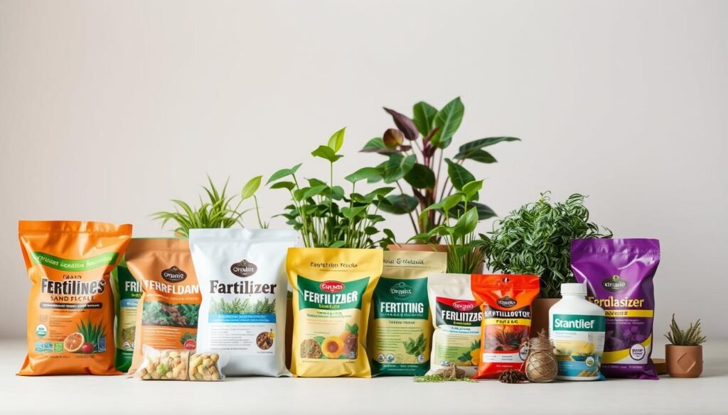 A vivid array of different fertilizer types for plants, showcased in a clean, minimalist still life composition. In the foreground, various organic and synthetic fertilizer packets and containers are neatly arranged, displaying their labels and contents. The middle ground features healthy, lush potted plants of varying sizes and species, highlighting the intended application of the fertilizers. The background is a softly blurred, neutral-toned backdrop, allowing the subject to take center stage. The lighting is soft and diffused, accentuating the textures and colors of the fertilizers and plants. The overall mood is educational and informative, inviting the viewer to explore the diverse range of plant nutrition options.