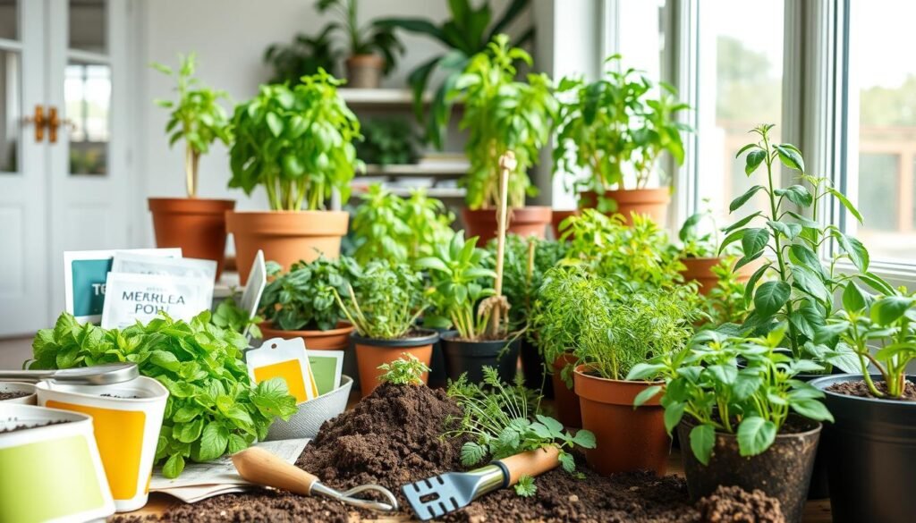 A well-lit, high-resolution photograph of a variety of indoor potted plants, displaying various growing techniques for container gardening. The foreground showcases different types of potting soil, seed packets, and gardening tools arranged neatly. The middle ground features a diverse collection of thriving plants in various stages of growth, including herbs, succulents, and small vegetables. The background depicts a bright, airy room with large windows allowing natural light to flood the scene, creating a serene, peaceful atmosphere. The composition emphasizes the step-by-step process of growing plants in containers, with a focus on practical tips and best practices for successful container gardening. A well-lit, high-resolution photograph of a variety of indoor potted plants, displaying various growing techniques for container gardening. The foreground showcases different types of potting soil, seed packets, and gardening tools arranged neatly. The middle ground features a diverse collection of thriving plants in various stages of growth, including herbs, succulents, and small vegetables. The background depicts a bright, airy room with large windows allowing natural light to flood the scene, creating a serene, peaceful atmosphere. The composition emphasizes the step-by-step process of growing plants in containers, with a focus on practical tips and best practices for successful container gardening.