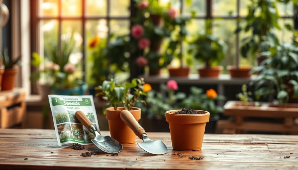 A well-lit, high-resolution photograph of a wooden table with various gardening supplies arranged neatly in the foreground. In the middle ground, a packet of seeds, a small trowel, and a pair of gardening gloves sit next to a small terracotta pot filled with potting soil. The background features a lush, out-of-focus indoor garden, with warm, natural lighting filtering through a large window, creating a serene and inviting atmosphere. The overall composition conveys a sense of organization, preparation, and anticipation for the upcoming planting process. A well-lit, high-resolution photograph of a wooden table with various gardening supplies arranged neatly in the foreground. In the middle ground, a packet of seeds, a small trowel, and a pair of gardening gloves sit next to a small terracotta pot filled with potting soil. The background features a lush, out-of-focus indoor garden, with warm, natural lighting filtering through a large window, creating a serene and inviting atmosphere. The overall composition conveys a sense of organization, preparation, and anticipation for the upcoming planting process.