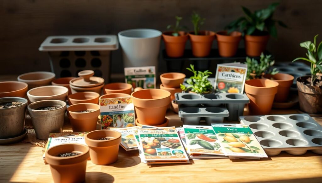 A well-lit tabletop scene showcasing an array of colorful seed packets and various potting containers. In the foreground, an assortment of terracotta pots, ceramic planters, and biodegradable seed trays are carefully arranged, their textures and materials highlighted by soft, natural lighting. In the middle ground, the seed packets are displayed prominently, their vibrant graphics and labels capturing the viewer's attention. The background features a subtle, out-of-focus backdrop, perhaps a wooden surface or a gentle gradient, allowing the the focus to remain on the seeds and containers. The overall mood is one of anticipation and preparation, setting the stage for the planting process described in the article. A well-lit tabletop scene showcasing an array of colorful seed packets and various potting containers. In the foreground, an assortment of terracotta pots, ceramic planters, and biodegradable seed trays are carefully arranged, their textures and materials highlighted by soft, natural lighting. In the middle ground, the seed packets are displayed prominently, their vibrant graphics and labels capturing the viewer's attention. The background features a subtle, out-of-focus backdrop, perhaps a wooden surface or a gentle gradient, allowing the the focus to remain on the seeds and containers. The overall mood is one of anticipation and preparation, setting the stage for the planting process described in the article.