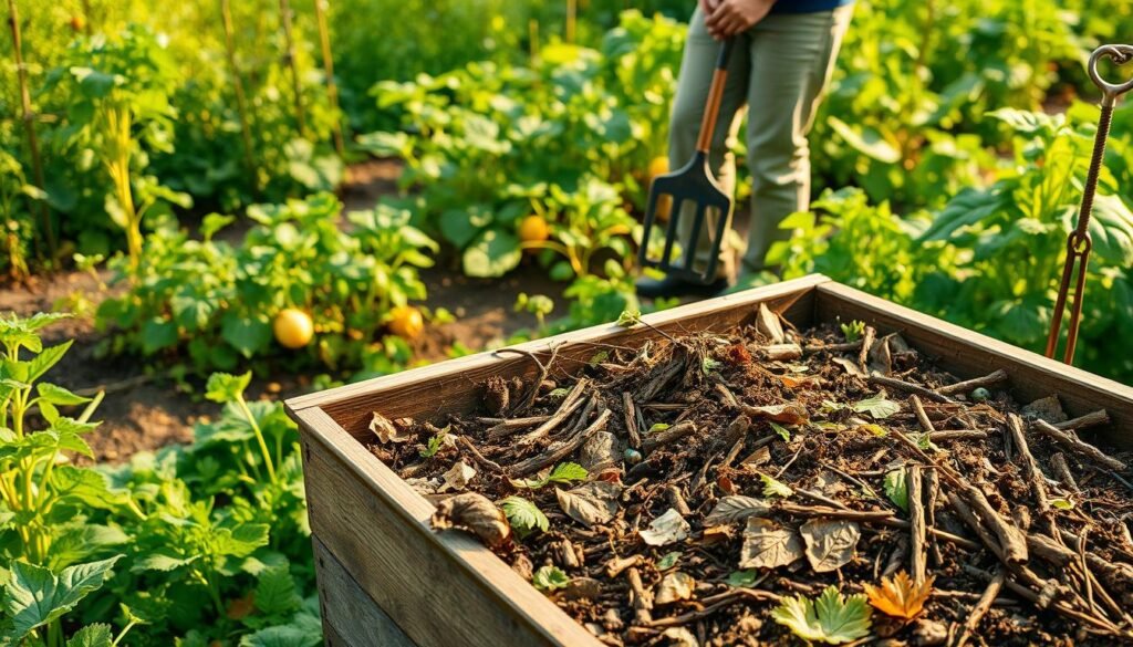 A well-organized home composting process in a lush, verdant garden setting. In the foreground, a large compost bin filled with various organic materials like leaves, vegetable scraps, and twigs. In the middle ground, a person tending to the compost, using a pitchfork to aerate the mixture. In the background, a thriving vegetable garden with lush greenery and a few ripe produce. Warm, natural lighting casts a soft glow, enhancing the earthy tones. The overall scene conveys a sense of environmental sustainability and the satisfaction of creating nutrient-rich soil for healthy plant growth.